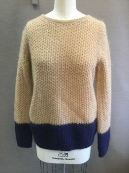 BODEN, Camel Brown, Navy Blue, Nylon, Mohair, Color Blocking, Novelty Knit, Long Sleeves, Camel On Top/Navy Hem/Cuff Hem, Ribbed Knit Scoop Neck/Cuff/Waistband