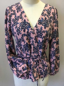 J. CREW, Mauve Pink, Black, Gray, Teal Blue, White, Polyester, Floral, Mauve-pink W/black, White, Teal Blue-gray Floral Print, Overlap V-neck, Gathered Waist, Side Zip, Long Sleeves W/thin Cuffs & 1 Button, Self Detatched  THIN BELT