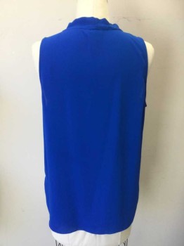VINCE CAMUTO, Royal Blue, Polyester, Solid, Royal Blue, V-neck, 2 Pleat on Shoulder,  1 Deep Pleat Front Center Sleeveless, Side Split  & Uneven Hem