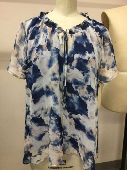 Jennfer Lopez, White, Navy Blue, Pink, Gray, Polyester, Abstract , Sheer, Layered, Short Sleeve,  Keyhole, Self Tie Neck,