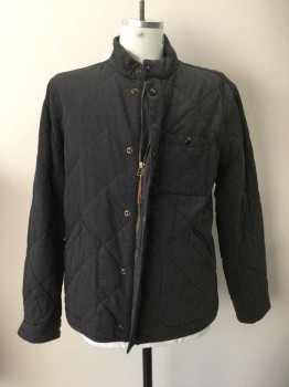 Mens, Casual Jacket, J CREW, Charcoal Gray, Cotton, Polyester, Solid, XL, Quilted, Light Fill, Zip/Snap Front, Long Sleeves, 3 Pockets, Band Collar