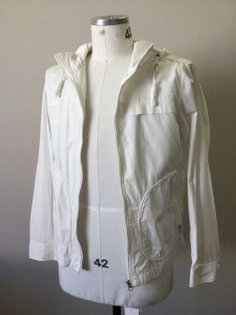 Mens, Casual Jacket, UNIQLO, White, Cotton, Lycra, Solid, M, Stretch Cotton Broadcloth with White Zipper Front & Zipper Pockets, with Hood