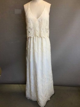 Womens, Evening Gown, ASTR, Cream, Cotton, Polyester, Floral, XS, (DOUBLE)  Cream Floral Lace with Cream Lining, Cream Lace Flap with Spaghetti Straps Halter, Elastic Waist, Pullover