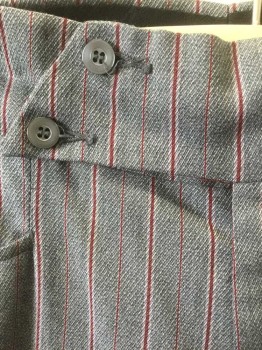 Mens, Pants, N/L, Gray, Maroon Red, Lt Gray, Polyester, Wool, Stripes - Pin, Ins:29, W:34, Gray with Maroon and Light Gray Pinstripes of Varying Widths, Flat Front, 2 Button Tab Waist, Zip Fly, 4 Pockets, Slight Boot Cut Leg,