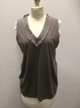 BANANA REPUBLIC, Taupe, Cotton, Silk, Solid, Cotton Jersey with Pleated Silk Broadcloth V.neck