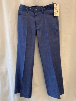 N/L, Denim Blue, Cotton, Polyester, Solid, Flat Front, Zip Front, 4 Pockets, Waistband, Belt Loops,