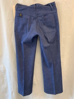 N/L, Denim Blue, Cotton, Polyester, Solid, Flat Front, Zip Front, 4 Pockets, Waistband, Belt Loops,