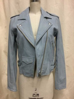 Womens, Leather Jacket, IRO, Baby Blue, Leather, Speckled, 36, Baby Blue, Zip Front Notched Lapel, 2 Zip Pockets, Epaulets