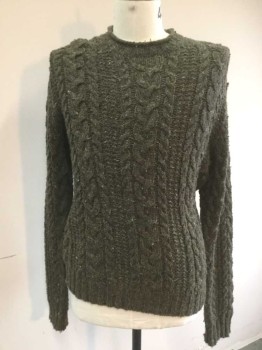 Mens, Pullover Sweater, POLO RALPH LAUREN, Dk Olive Grn, Acrylic, Wool, Cable Knit, L, Long Sleeves, Round Neck