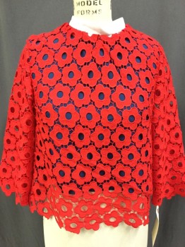 Womens, Top, SISTER JANE, Red, White, Navy Blue, Polyester, Floral, S, Red Floral Lace Overlayer, Navy Solid Underlayer, White Collar Band, 3/4 Sleeves, Keyhole Back, Pull Over
