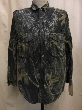 Mens, Casual Shirt, REMINGION, Black, Green, Brown, Gray, Nylon, Camouflage, L, Hunting Camo, Button Front, Collar Attached, 2 Flap Pockets