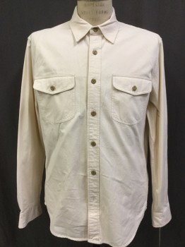 Mens, Casual Shirt, WALLACE & BARNES, Cream, Cotton, Solid, L, Button Front, Long Sleeves, 2 Flap Pocket, Heavy Fabric