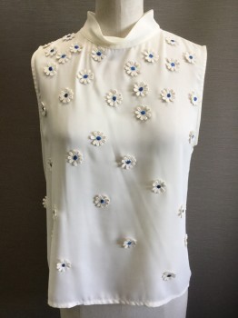 VANESSA VIRGINIA, Off White, Blue, Polyester, Cotton, Floral, Sleeveless, Applique Dasies with Blue Centers, Mock Turtle Neck,  2 Buttons Keyhole Center Back,