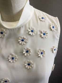 Womens, Shell, VANESSA VIRGINIA, Off White, Blue, Polyester, Cotton, Floral, XS, Sleeveless, Applique Dasies with Blue Centers, Mock Turtle Neck,  2 Buttons Keyhole Center Back,
