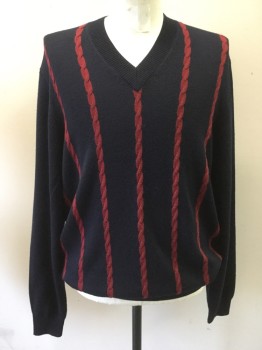 Mens, Pullover Sweater, BROOKS BROTHERS, Navy Blue, Red Burgundy, Wool, Solid, Cable Knit, XL, V-neck, Navy with Red Cable Knit Stripes