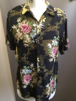 GUESS, Black, Gray, Pink, White, Gold, Rayon, Floral, Collar Attached, Button Front, Short Sleeves,