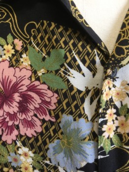 GUESS, Black, Gray, Pink, White, Gold, Rayon, Floral, Collar Attached, Button Front, Short Sleeves,