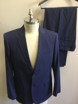 ANTONIO CARDINNI, Dk Blue, White, Wool, Polyester, Stripes - Pin, Single Breasted, 2 Buttons,  Notched Lapel, Hand Picked Collar/Lapel,