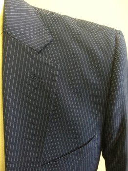ANTONIO CARDINNI, Dk Blue, White, Wool, Polyester, Stripes - Pin, Single Breasted, 2 Buttons,  Notched Lapel, Hand Picked Collar/Lapel,