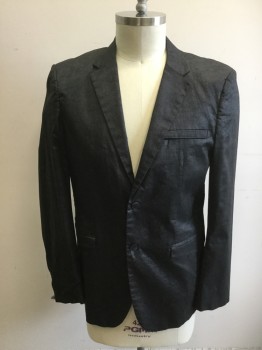 MARC ECKO, Black, Cotton, Solid, Treated Cotton, Single Breasted, Collar Attached, Notched Lapel, 2 Buttons,  3 Pockets, Zip Sleeves