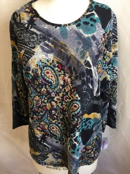 Womens, Top, TAN  JAY, Black, Multi-color, Polyester, Spandex, Paisley/Swirls, Abstract , M, Stretchy Textured Fabric, Pullover, 3/4 Sleeves, Scoop Neck