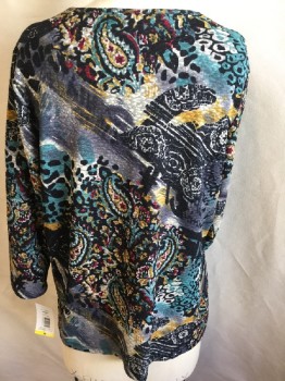 TAN  JAY, Black, Multi-color, Polyester, Spandex, Paisley/Swirls, Abstract , Stretchy Textured Fabric, Pullover, 3/4 Sleeves, Scoop Neck