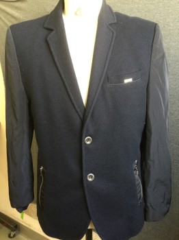MONDO, Black, Navy Blue, Cotton, Polyester, Birds Eye Weave, Notched Lapel, 2 Button Front, Zip Pockets, Poly Nylon Sleeves, Loud Lining