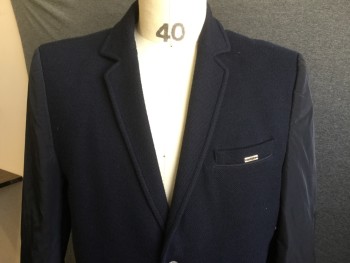 MONDO, Black, Navy Blue, Cotton, Polyester, Birds Eye Weave, Notched Lapel, 2 Button Front, Zip Pockets, Poly Nylon Sleeves, Loud Lining