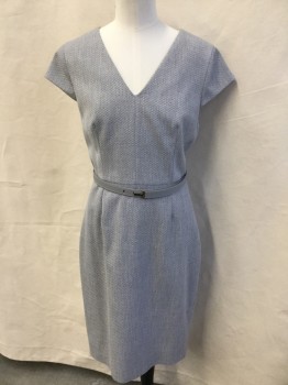 TED BAKER, Gray, Polyester, Viscose, Basket Weave, V-neck, Cap Sleeves, Zip Back, Split Center Middle Bottom, with Gray Leather Thin Matching Belt, Multicolor Floral Print Lining,