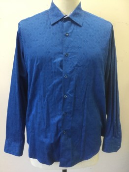 ROBERT GRAHAM, Blue, Black, Cotton, Swirl , Blue with Blue and Black Baroque Self Pattern, Long Sleeve Button Front, Collar Attached