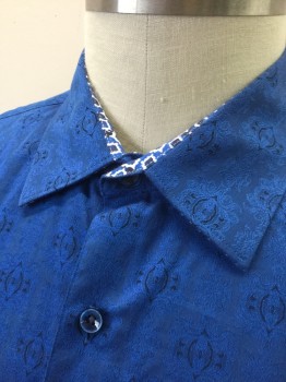 ROBERT GRAHAM, Blue, Black, Cotton, Swirl , Blue with Blue and Black Baroque Self Pattern, Long Sleeve Button Front, Collar Attached