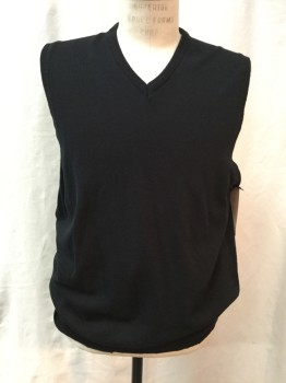 Mens, Sweater Vest, BASIC EDITIONS, Black, Cotton, Solid, L, Pullover, V-neck,