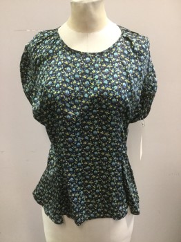 Womens, Blouse, PAUL & JOE, Black, Turquoise Blue, Yellow, Gray, Silk, Floral, 2, Round Neck,  Short Sleeves, Side Zipper, Lots of Detail Work in Sleeves