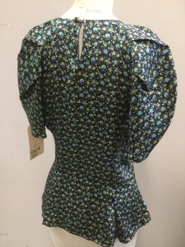 Womens, Blouse, PAUL & JOE, Black, Turquoise Blue, Yellow, Gray, Silk, Floral, 2, Round Neck,  Short Sleeves, Side Zipper, Lots of Detail Work in Sleeves
