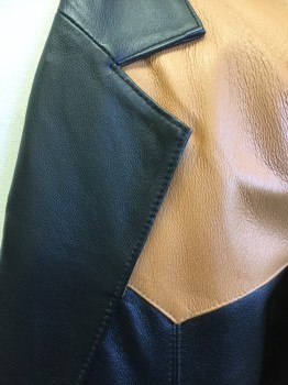 LEATHER USA, Black, Tan Brown, Leather, Solid, Color Blocking, Notched Lapel, 2 Btn SB. 2 Patch Pckts