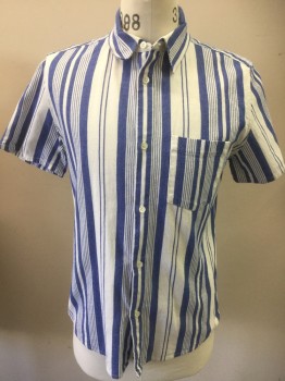 A.P.C., Blue, White, Cotton, Stripes - Vertical , Button Front, Short Sleeves, 1 Pocket, Collar Attached, Pearl Buttons