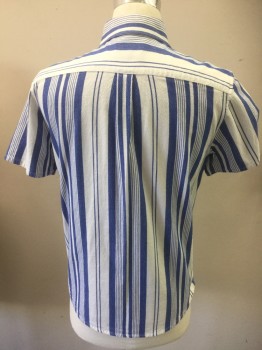 A.P.C., Blue, White, Cotton, Stripes - Vertical , Button Front, Short Sleeves, 1 Pocket, Collar Attached, Pearl Buttons