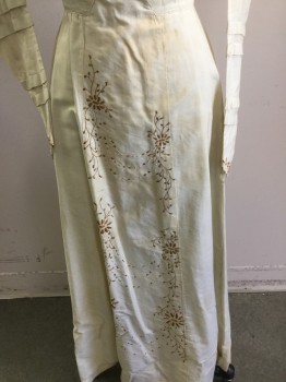 MTO, Cream, Brown, Silk, Floral, High Neck with Delicate Lace, Pin Tuck Shoulders, Long Sleeves with Knife Pleats, Brown/white/olive/rust Embroidery at Bottom of Sleeves, Embroidery Throughout Dress, Hook and Eye Closures    *** Stains***,
