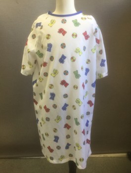 Unisex, Child, Patient Gown, ANGELICA, White, Multi-color, Polyester, Novelty Pattern, M, White with Colorful Teddy Bears and Pin Wheels Pattern, Flannel, Short Raglan Sleeves, Snaps at Shoulder and Center Back