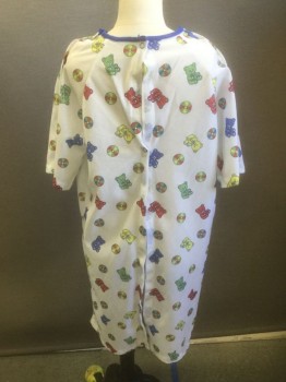 Unisex, Child, Patient Gown, ANGELICA, White, Multi-color, Polyester, Novelty Pattern, M, White with Colorful Teddy Bears and Pin Wheels Pattern, Flannel, Short Raglan Sleeves, Snaps at Shoulder and Center Back