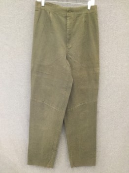 MTO, Forest Green, Linen, Solid, Pleated Front, Zip Fly, Elastic Back Waistband, Angled Knee Seams, Raw Hem