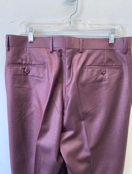 VITALI, Red Burgundy, Viscose, Polyester, Solid, Sharkskin Weave, Single Pleat, Button Tab, Relaxed Leg, Zip Fly, 4 Pockets, Belt Loops