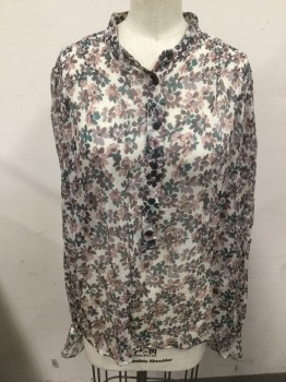 RAG AND BONE, White, Teal Blue, Rose Pink, Purple, Silk, Floral, Sheer Chiffon, Long Sleeves, Band Collar, Rouching at Shoulders, Half Button Front,
