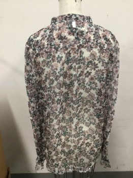RAG AND BONE, White, Teal Blue, Rose Pink, Purple, Silk, Floral, Sheer Chiffon, Long Sleeves, Band Collar, Rouching at Shoulders, Half Button Front,