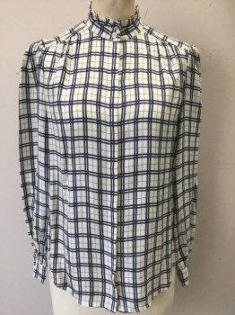 JOIE, Off White, Navy Blue, Viscose, Plaid-  Windowpane, Off White with Navy Windowpane Sateen, Long Sleeve Button Front, Band Collar with Stand Ruffled Edge, Puffy Sleeves, Gathered at Shoulder Yoke