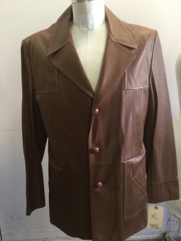 Mens, Leather Jacket, Brown, Leather, Solid, XL, Blazer 3 Button Front, 3 Pin Tucks,  Notched Lapel, Top Stitch
