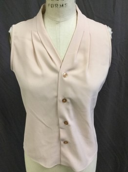 CALVIN KLEIN, Peachy Pink, Polyester, Solid, Pleat/Released V-neck, Button Front, Sleeveless,