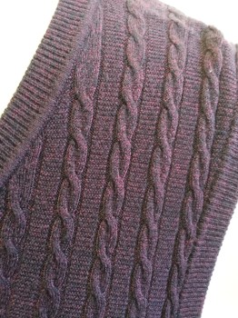 Mens, Sweater Vest, DOCKERS, Wine Red, Black, Acrylic, Heathered, Cable Knit, L, Ribbed Knit V-neck/armholes/Waistband