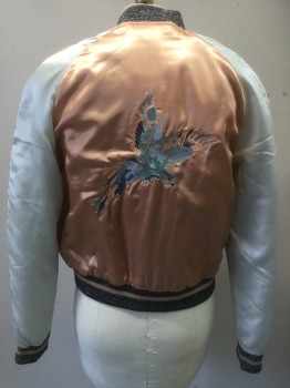 Womens, Casual Jacket, NOISY MAY, Peachy Pink, Ivory White, Black, Silver, Polyester, Color Blocking, Animals, 3, M, Doubles, Zip Front, Satin, Bomber Style, 2 Pockets, Black/Silver Knit Collar/Cuffs/Waist
