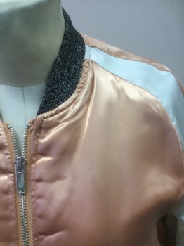 Womens, Casual Jacket, NOISY MAY, Peachy Pink, Ivory White, Black, Silver, Polyester, Color Blocking, Animals, 3, M, Doubles, Zip Front, Satin, Bomber Style, 2 Pockets, Black/Silver Knit Collar/Cuffs/Waist